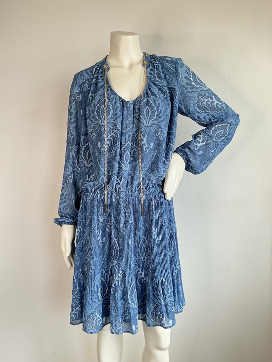 MICHAEL Michael Kors Dresses & Skirts - Cerulean Blue Paisley Dress Chain Neck Long Sleeve Pleated Skirt M Elegant